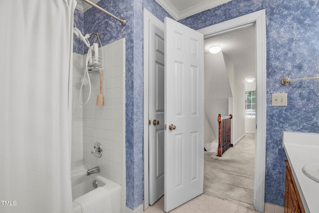 1113 Smokewood Dr, Apex, NC 27502 - bathroom featuring shower / bath combo, vanity, ornamental molding, tile patterned floors, and wallpapered walls