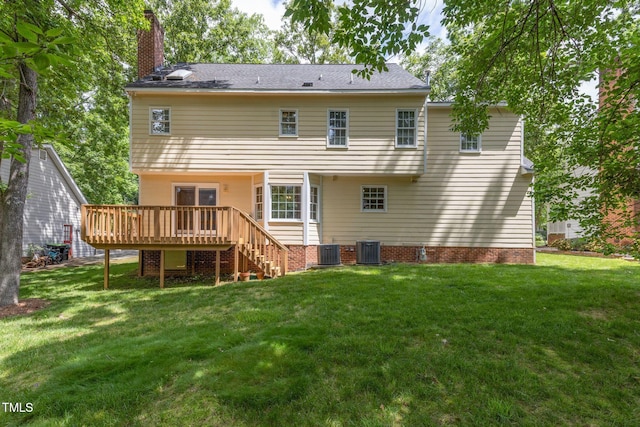 1113 Smokewood Dr, Apex, NC 27502 - back of property featuring cooling unit, a deck, a yard, and a chimney