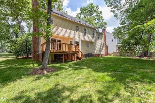1113 Smokewood Dr, Apex, NC 27502 - rear view of property with stairs, a chimney, a wooden deck, and central air condition unit
