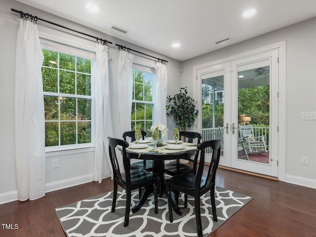 136 Shadow Hawk Dr, Durham, NC 27713 - dining space with baseboards, wood finished floors, french doors, and recessed lighting