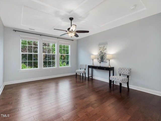 136 Shadow Hawk Dr, Durham, NC 27713 - living area with coffered ceiling, baseboards, hardwood / wood-style flooring, a ceiling fan, and beamed ceiling