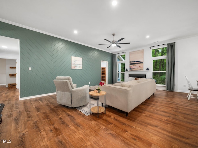 3400 Appling Way, Durham, NC 27703 - living area featuring ornamental molding, a ceiling fan, dark wood-type flooring, recessed lighting, and a fireplace
