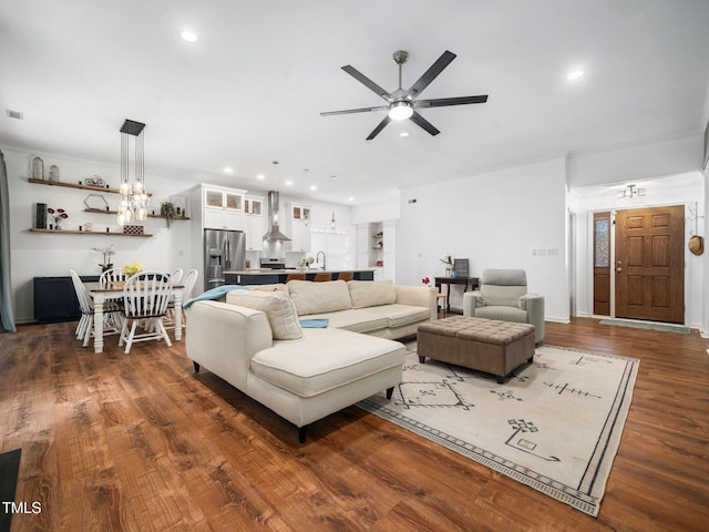 3400 Appling Way, Durham, NC 27703 - living area with a chandelier, ceiling fan, dark wood-style flooring, and recessed lighting