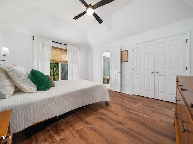 3400 Appling Way, Durham, NC 27703 - bedroom with lofted ceiling, wood finished floors, a ceiling fan, connected bathroom, and a closet