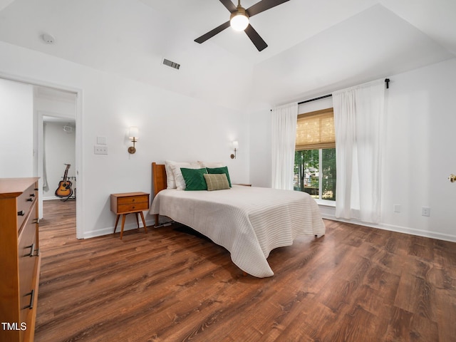 3400 Appling Way, Durham, NC 27703 - bedroom featuring wood finished floors, lofted ceiling, and ceiling fan