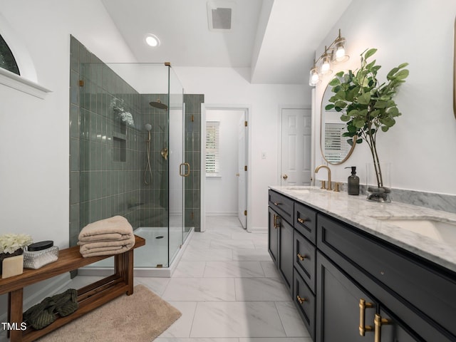 3400 Appling Way, Durham, NC 27703 - full bath with marble finish floors, double vanity, and a shower stall