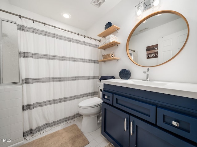 3400 Appling Way, Durham, NC 27703 - full bath featuring vanity, tile patterned flooring, a shower with shower curtain, and recessed lighting