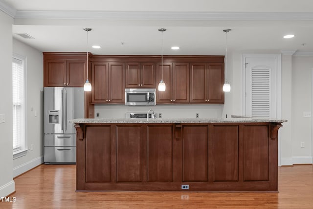 710 Independence Pl Unit 301, Raleigh, NC 27603 - kitchen with appliances with stainless steel finishes, light wood-style floors, baseboards, light stone counters, and recessed lighting