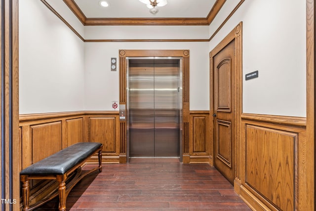 710 Independence Pl Unit 301, Raleigh, NC 27603 - foyer with elevator, a wainscoted wall, ornamental molding, and dark wood-style floors