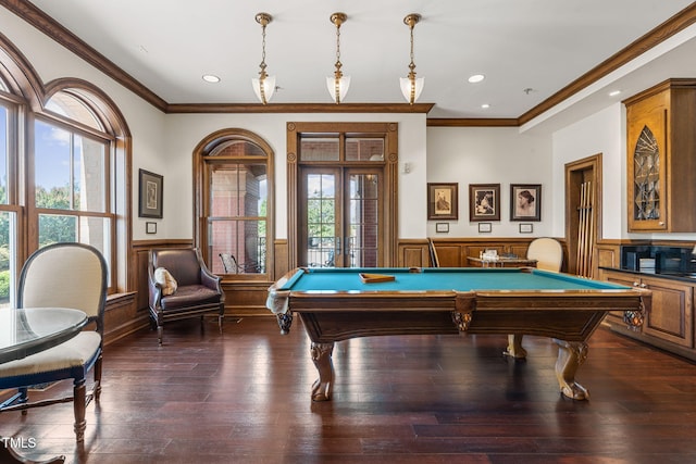 710 Independence Pl Unit 301, Raleigh, NC 27603 - rec room featuring a wainscoted wall, crown molding, billiards, recessed lighting, and dark wood-type flooring