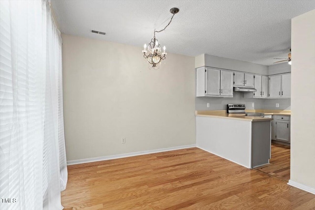4705 Walden Pond Dr Unit 110-C, Raleigh, NC 27604 - kitchen featuring electric range, under cabinet range hood, ceiling fan, a chandelier, and light wood-style floors