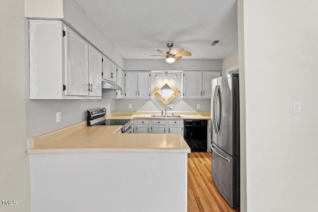 4705 Walden Pond Dr Unit 110-C, Raleigh, NC 27604 - kitchen featuring stainless steel appliances, under cabinet range hood, ceiling fan, a peninsula, and a sink