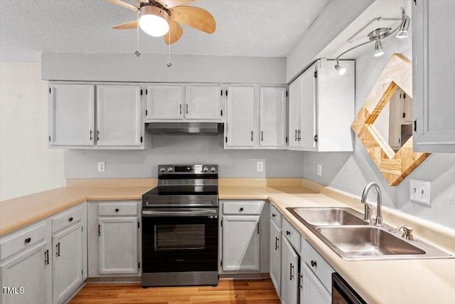 4705 Walden Pond Dr Unit 110-C, Raleigh, NC 27604 - kitchen with stainless steel range with electric cooktop, a sink, under cabinet range hood, white cabinetry, and ceiling fan
