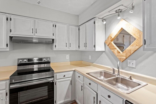 4705 Walden Pond Dr Unit 110-C, Raleigh, NC 27604 - kitchen featuring stainless steel electric stove, exhaust hood, white cabinetry, and a sink