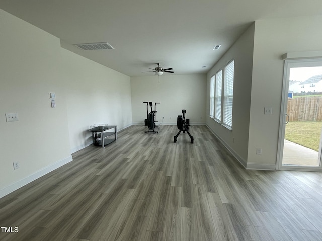 30 Junius Birch Trl, Franklinton, NC 27525 - workout area with wood finished floors, a ceiling fan, healthy amount of natural light, and baseboards
