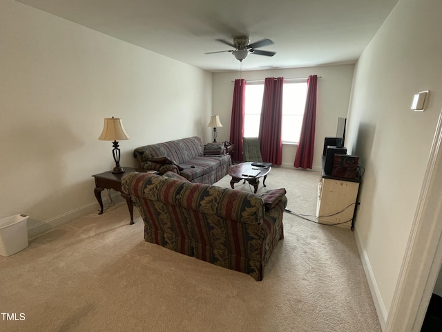 30 Junius Birch Trl, Franklinton, NC 27525 - living room featuring light colored carpet, a ceiling fan, and baseboards