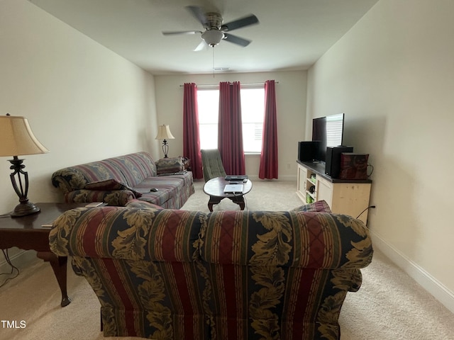 30 Junius Birch Trl, Franklinton, NC 27525 - living area featuring light colored carpet, ceiling fan, and baseboards