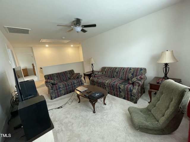 30 Junius Birch Trl, Franklinton, NC 27525 - living room with ceiling fan, light colored carpet, and attic access