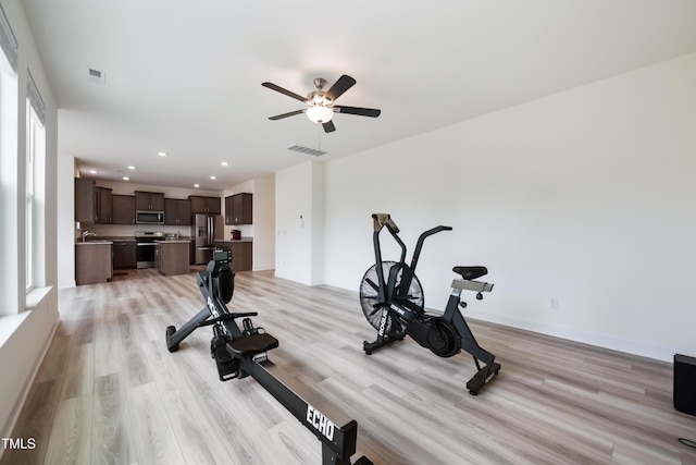 30 Junius Birch Trl, Franklinton, NC 27525 - exercise room with light wood finished floors, a ceiling fan, and recessed lighting