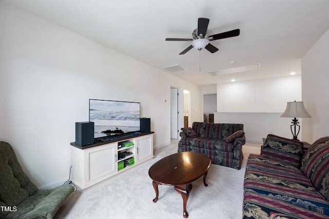 30 Junius Birch Trl, Franklinton, NC 27525 - living room featuring attic access, a ceiling fan, and light colored carpet