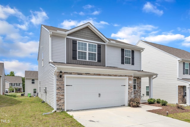 717 Little Patch St, Zebulon, NC 27597 - view of front facade with stone siding, a garage, concrete driveway, and a front yard
