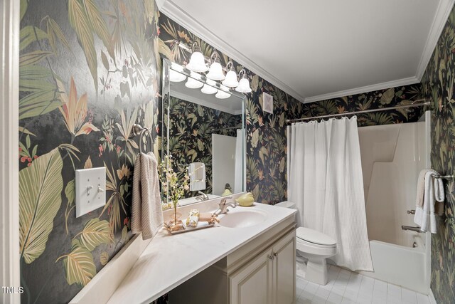 313 Glen Echo Ln Unit J, Cary, NC 27518 - bathroom featuring wallpapered walls, ornamental molding, toilet, vanity, and shower / bathtub combination with curtain