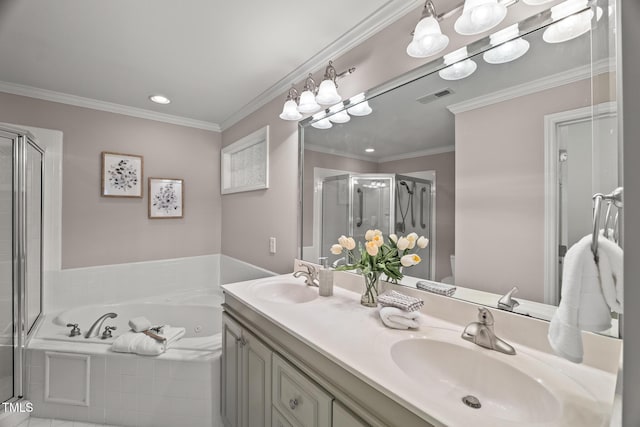 313 Glen Echo Ln Unit J, Cary, NC 27518 - full bathroom featuring a whirlpool tub, a shower stall, double vanity, ornamental molding, and recessed lighting