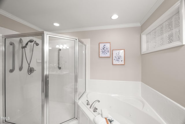 313 Glen Echo Ln Unit J, Cary, NC 27518 - bathroom featuring a shower stall, a whirlpool tub, ornamental molding, and recessed lighting