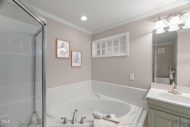 313 Glen Echo Ln Unit J, Cary, NC 27518 - full bathroom with a whirlpool tub, vanity, a tile shower, ornamental molding, and recessed lighting