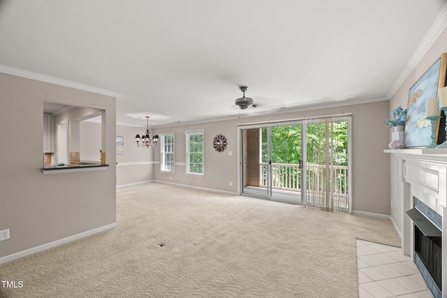 313 Glen Echo Ln Unit J, Cary, NC 27518 - unfurnished living room with a fireplace with flush hearth, ornamental molding, a ceiling fan, a chandelier, and baseboards
