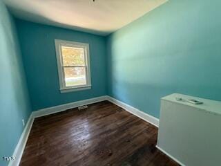 empty room with dark wood-type flooring and baseboards