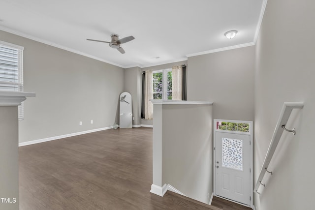 218 Irving Way, Durham, NC 27703 - foyer entrance with ornamental molding, baseboards, dark wood-type flooring, and ceiling fan