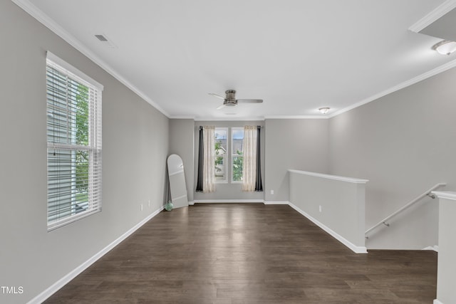 218 Irving Way, Durham, NC 27703 - unfurnished room featuring a ceiling fan, dark wood-type flooring, baseboards, and crown molding