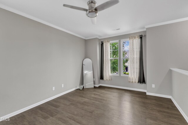 218 Irving Way, Durham, NC 27703 - empty room with dark wood finished floors, a ceiling fan, ornamental molding, and baseboards