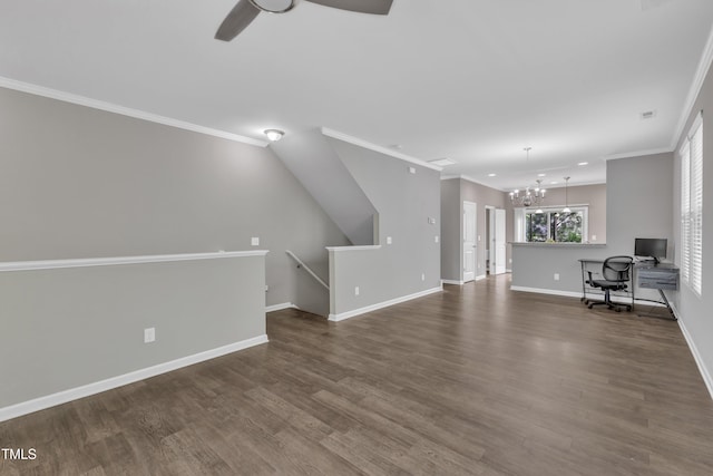 218 Irving Way, Durham, NC 27703 - unfurnished living room with a chandelier, ceiling fan, dark wood finished floors, baseboards, and a desk