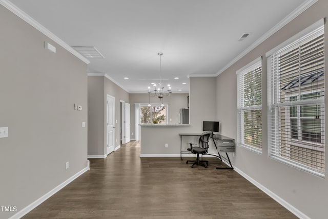 218 Irving Way, Durham, NC 27703 - office space featuring a chandelier, dark wood-type flooring, baseboards, recessed lighting, and crown molding