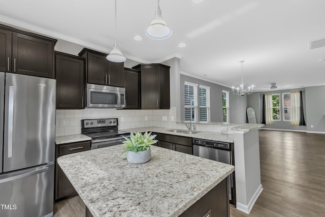 218 Irving Way, Durham, NC 27703 - kitchen with stainless steel appliances, a sink, open floor plan, crown molding, and a peninsula