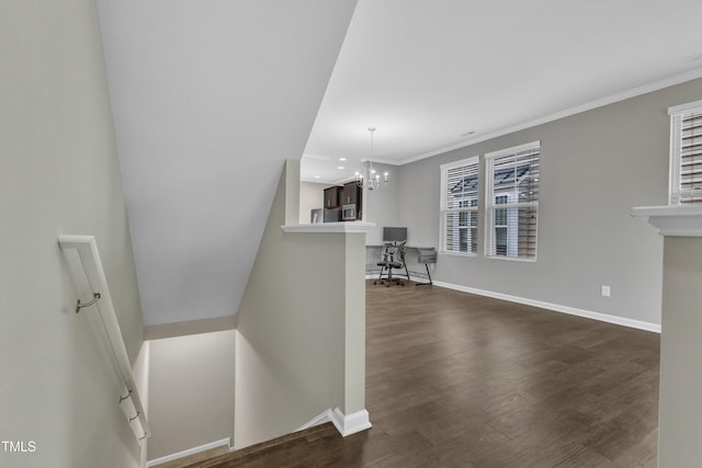 218 Irving Way, Durham, NC 27703 - staircase featuring wood finished floors, crown molding, baseboards, a chandelier, and recessed lighting