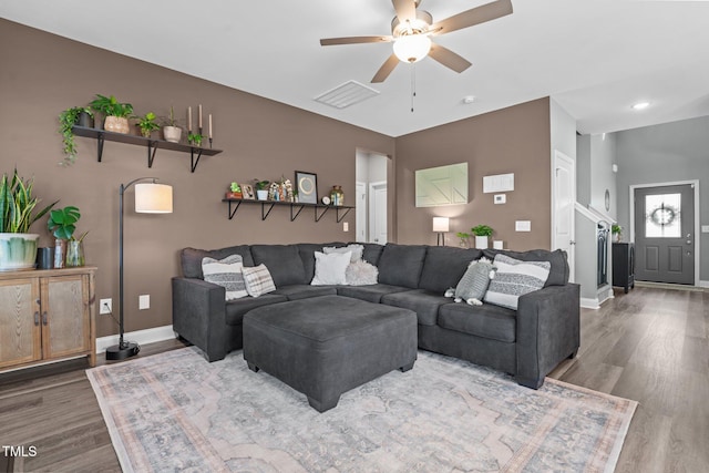 784 Cypress Rd, Cameron, NC 28326 - living room featuring ceiling fan, wood finished floors, and baseboards