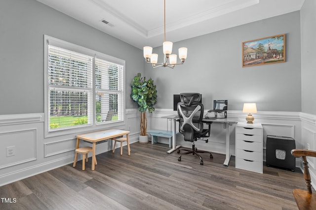 784 Cypress Rd, Cameron, NC 28326 - home office featuring a tray ceiling, wainscoting, a chandelier, ornamental molding, and wood finished floors