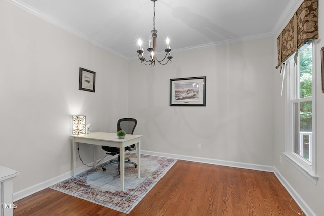 8536 Wolverton Fields Dr, Wake Forest, NC 27587 - office area featuring a chandelier, wood finished floors, ornamental molding, and baseboards