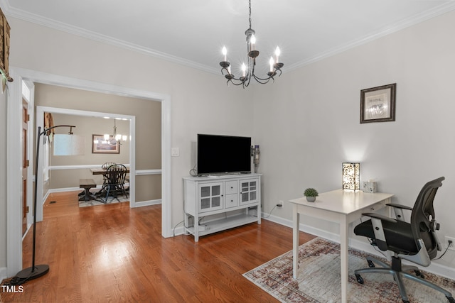 8536 Wolverton Fields Dr, Wake Forest, NC 27587 - office area with a chandelier, crown molding, wood finished floors, and baseboards
