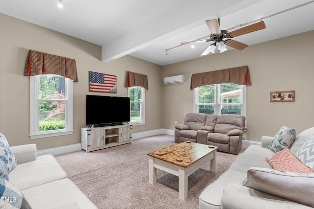 8536 Wolverton Fields Dr, Wake Forest, NC 27587 - carpeted living area featuring track lighting, a wall mounted air conditioner, baseboards, and ceiling fan