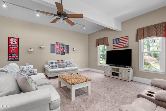 8536 Wolverton Fields Dr, Wake Forest, NC 27587 - living area with track lighting, a ceiling fan, light colored carpet, and baseboards