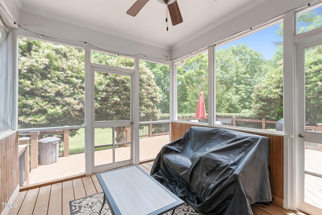 8536 Wolverton Fields Dr, Wake Forest, NC 27587 - sunroom with a ceiling fan and view of scattered trees