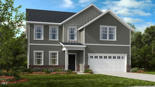 1128 Sun Springs Rd, Wake Forest, NC 27587 - view of front of property with brick siding, board and batten siding, an attached garage, driveway, and a front lawn