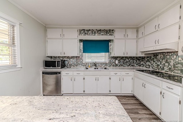 2911 Wicker St, Sanford, NC 27330 - kitchen with appliances with stainless steel finishes, under cabinet range hood, a sink, backsplash, and white cabinets