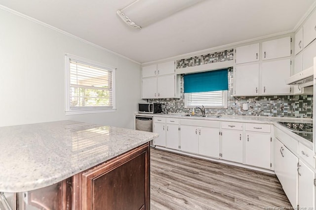 2911 Wicker St, Sanford, NC 27330 - kitchen with a sink, stainless steel appliances, ornamental molding, light wood-style floors, and decorative backsplash
