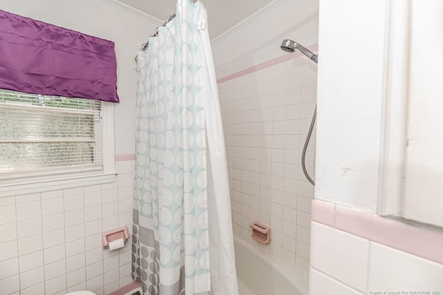 2911 Wicker St, Sanford, NC 27330 - full bath featuring tile walls, shower / bath combo, and crown molding
