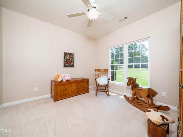 8917 Thompson Mill Rd, Wake Forest, NC 27587 - living area featuring baseboards, light colored carpet, and ceiling fan